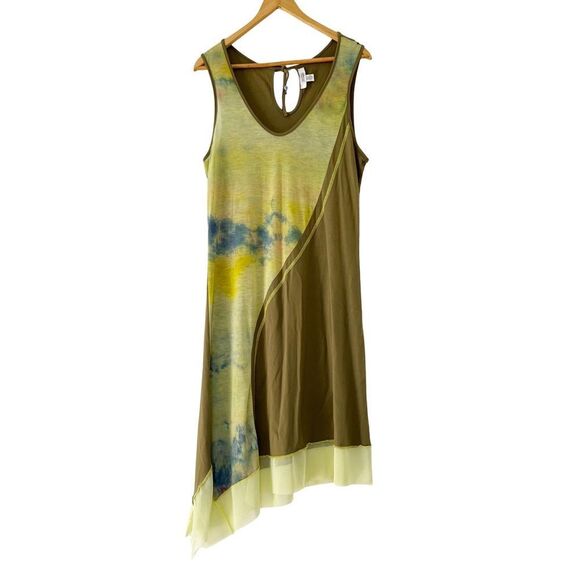 Dolcezza Green Sleeveless Asymmetrical Two Tone Tie-dye Tulle Hem A-Line Dress - Picture 1 of 9